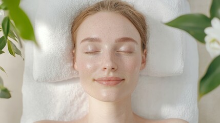 A serene woman enjoying a relaxing facial treatment surrounded by lush greenery, promoting wellness and rejuvenation.