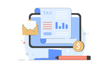Online Tax payment. Filling tax form. Calendar show Tax Payment Date. Accounting and Financial Management Concept. Vector flat Illustration