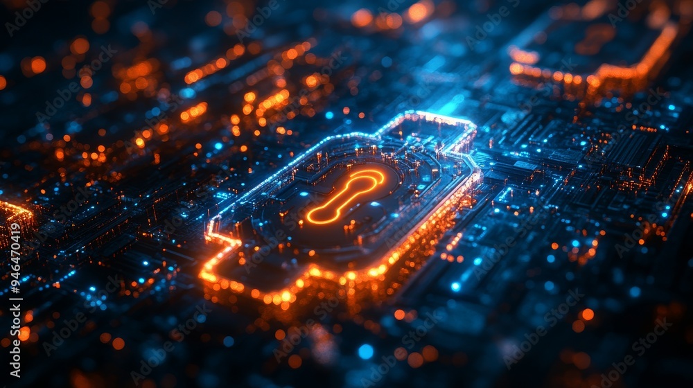 Poster holographic encryption keys rotate above a complex digital circuit board, illuminated by glowing blu
