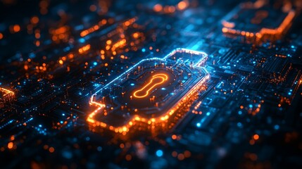 Obraz premium Holographic encryption keys rotate above a complex digital circuit board, illuminated by glowing blue and orange lights, showcasing advanced technology.