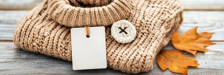 Fototapeta premium A soft beige knit sweater with a tag and button is placed on a wooden surface alongside fallen autumn leaves, evoking a warm feel
