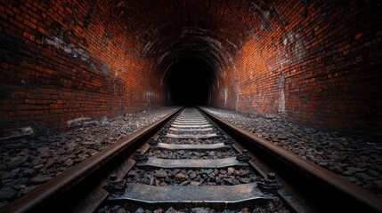 Obraz premium An eerie scene featuring an old railway track leading into a dark tunnel, creating a sense of mystery and intrigue as the tracks disappear into the black void.