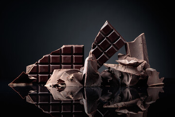 A broken chocolate bar and pieces of dark chocolate.