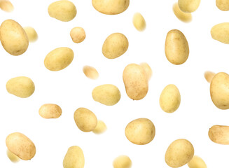 Fresh potatoes in air on white background