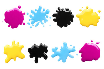 Printer ink of different colors. Set of spots isolated on white, top view