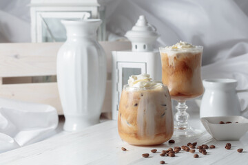 Iced coffee with cream and natural ice.
