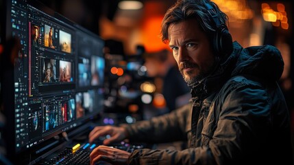 Fototapeta premium A skilled editor manipulates holographic film editing tools, focused on crafting vibrant visuals in a contemporary studio setting.