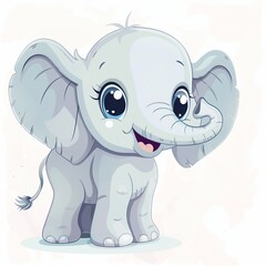 Obraz premium Cute Cartoon Baby Elephant with Sparkling Eyes, Smiling and Waving Trunk, Soft Gray Skin with Bluish Tint, Big Floppy Ears, Hand-Drawn Style, Pastel Colors, Minimalistic Design