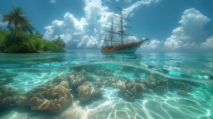ship view on the island, sailboat, turquoise sea