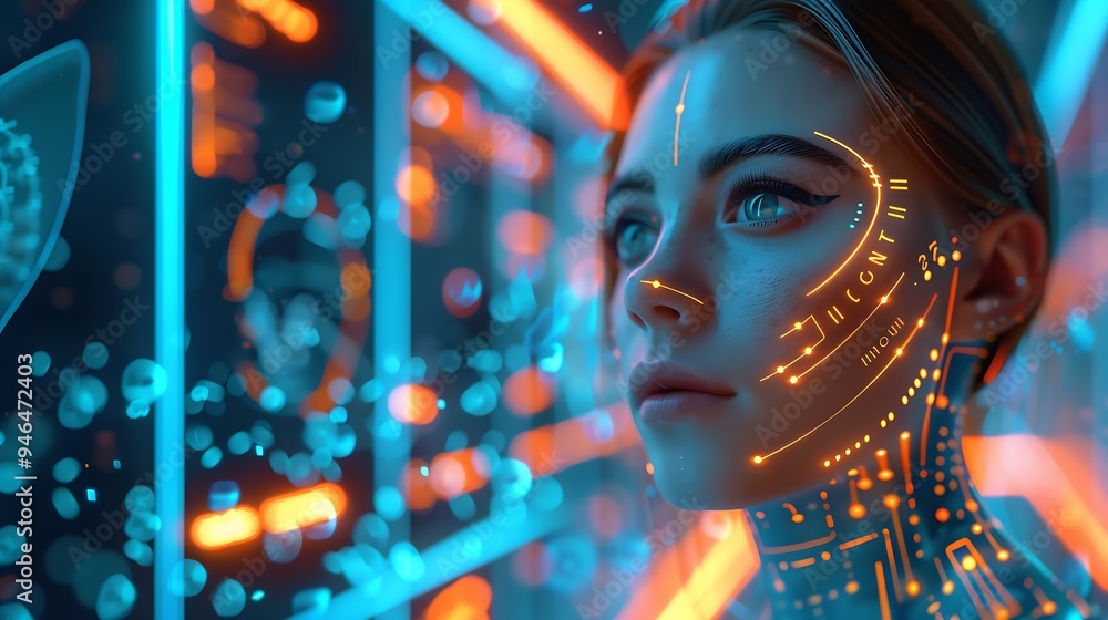 Poster a female ai in a futuristic environment : generative ai