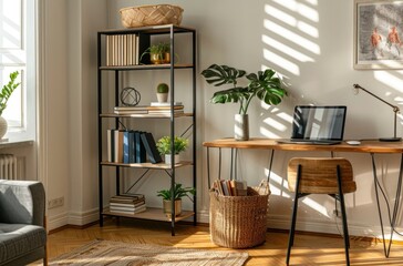 A home office with a desk, chair, and laptop. The desk has a basket of books and a potted plant. The room has a modern and organized feel