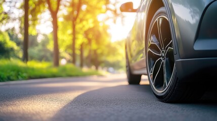 A close-up of electric vehicle wheels on a road, symbolizing the path to net zero emissions.