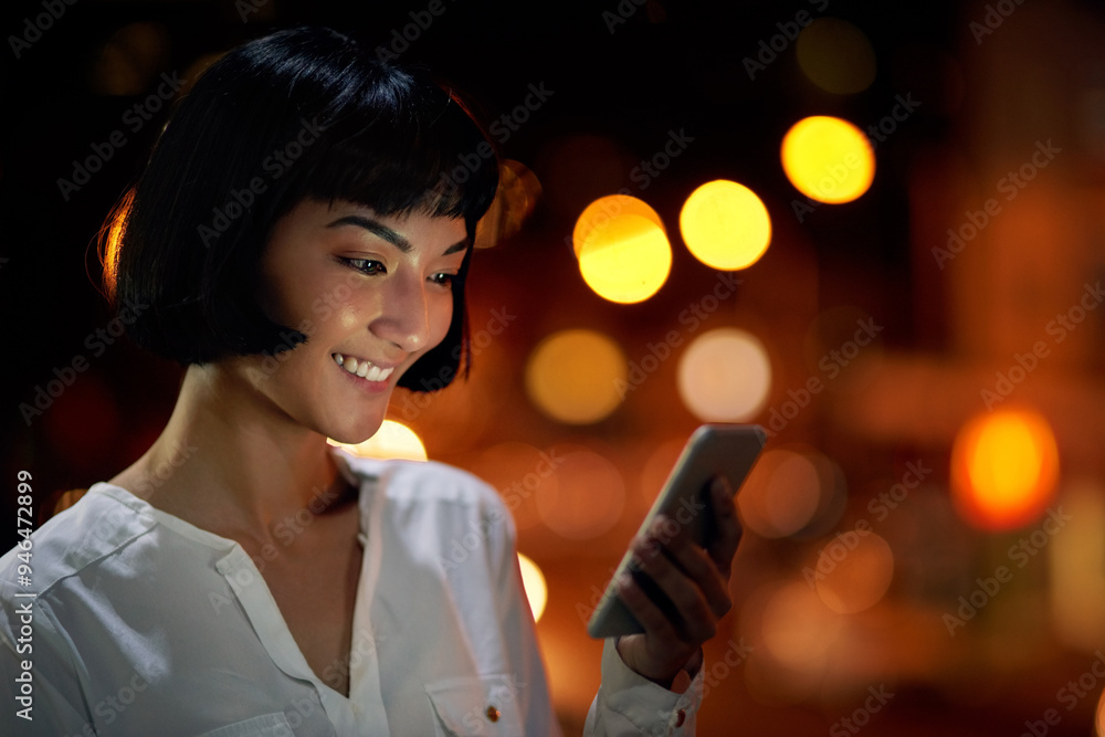 Poster phone, night and business woman in city for information, research and networking on deadline. mobile