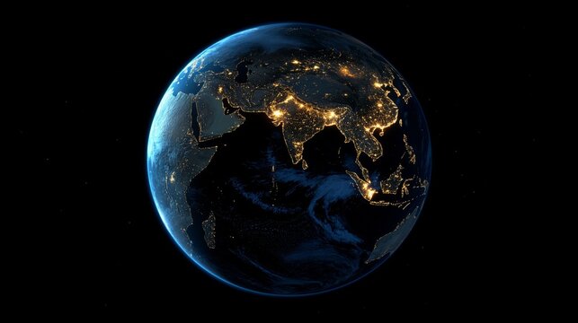 Satellite View of Earth from Space at Night, Highlighting City Lights in Asia, Including China and India