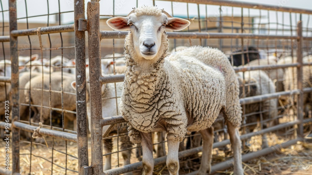 Poster a sheep is standing in a pen with other sheep
