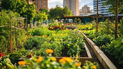 A community garden in a city, representing local efforts toward net zero and sustainability.