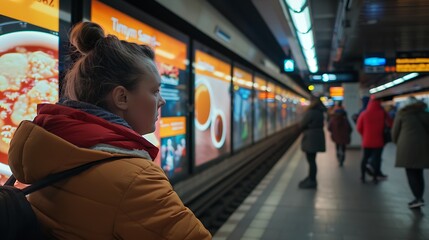person with the face visible watching at a vertical display with digital : Generative AI