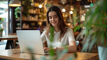 woman is happily learning on her desk on a laptop in a busy cafe : Generative AI