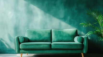 An elegant green sofa is placed against a rich green wall, accentuated by natural light and a nearby plant, showcasing a harmonious blend of color and style in interior design.
