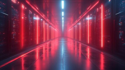 A corridor in a data center features glowing holographic firewalls, casting vibrant red light against sleek surfaces, creating a high-tech atmosphere.