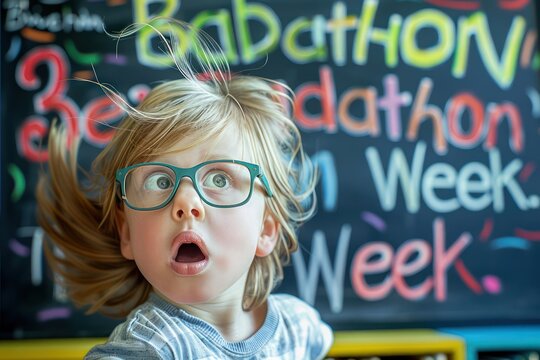 Little reader with surprised face and windswept hair, glasses on, in front of a chalkboard promoting Readathon Week