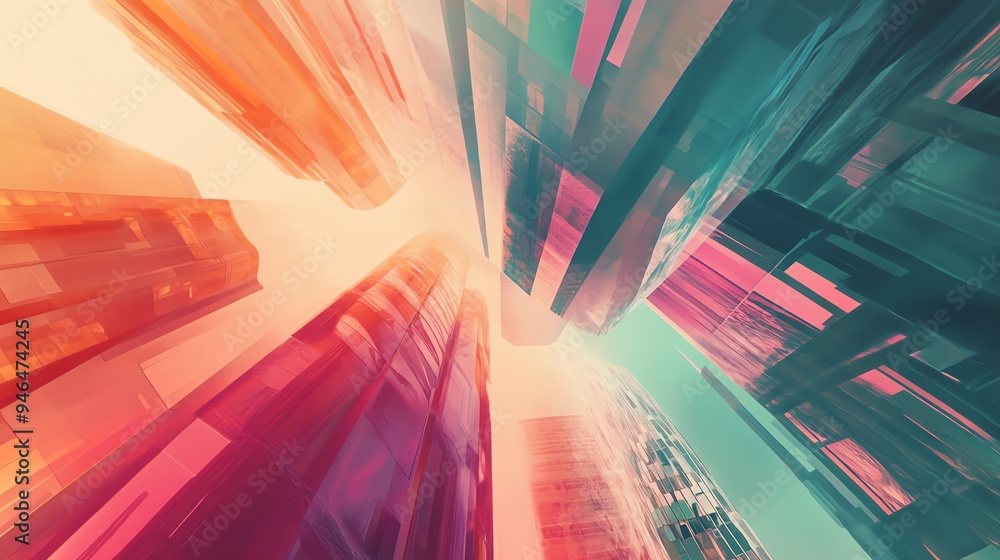 Poster abstract architectural design with vibrant colors, showcasing tall structures that evoke a sense of 