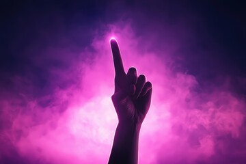 A silhouetted hand reaching upward into a mystical purple haze, symbolizing aspiration and enlightenment amidst vibrant colors.
