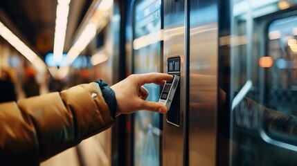 Obraz premium Hand of man inserting metro ticket in electronic barrier : Generative AI