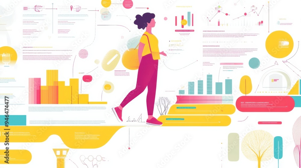 Poster infographic design with woman walking among data charts and graphs in vibrant colors, illustrating d