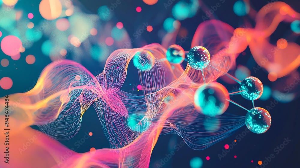 Poster abstract representation of molecular structures with vibrant colors. ideal for science, technology, 