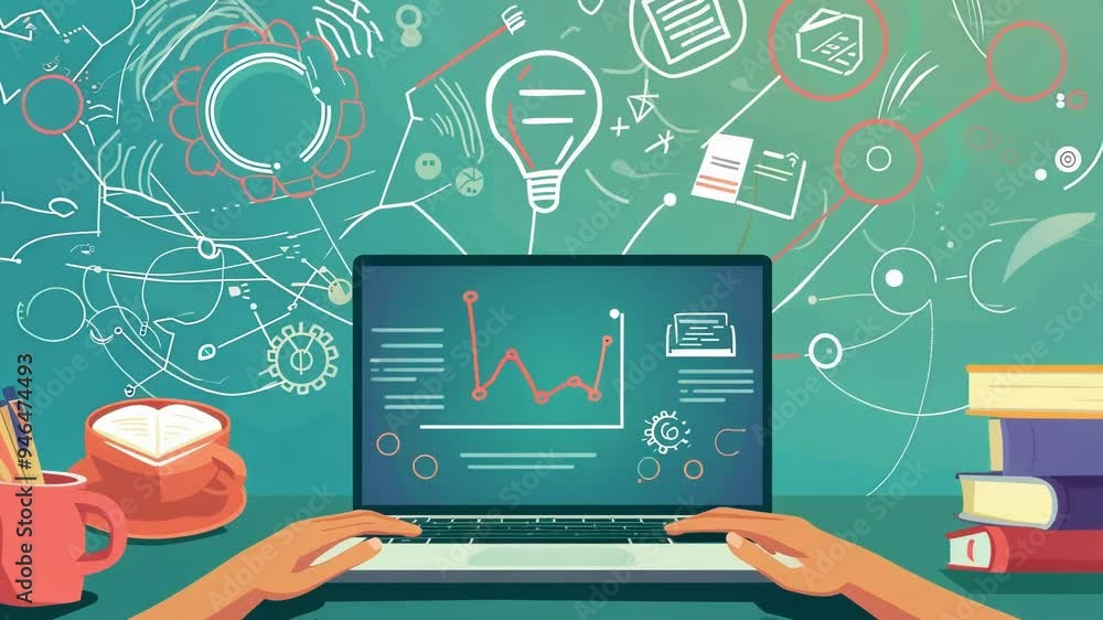 Poster hands typing on a laptop keyboard with a large lightbulb and other production related icons floating