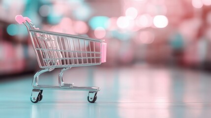 A shopping cart stands empty in an unfocused, bokeh-lit retail space, providing a sense of movement and the hustle of a busy shopping environment.
