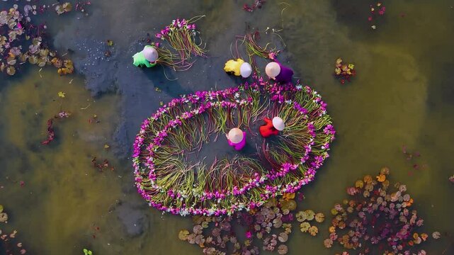 Aerial view of rural women in Moc Hoa district, Long An province, Mekong Delta are harvesting water lilies. Water lily is a traditional dish here