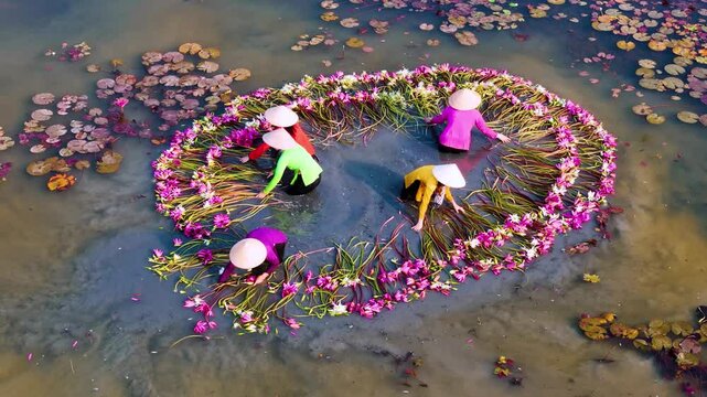 Aerial view of rural women in Moc Hoa district, Long An province, Mekong Delta are harvesting water lilies. Water lily is a traditional dish here