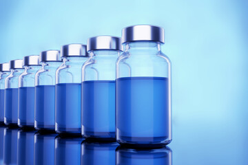 Blank Vaccine Bottles Vials on Blue Background - 3D Illustration Render