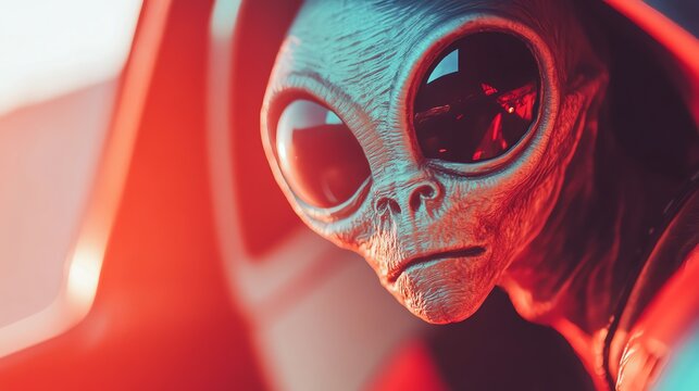 Close-up of an extraterrestrial being with large eyes and unique features in a futuristic setting.