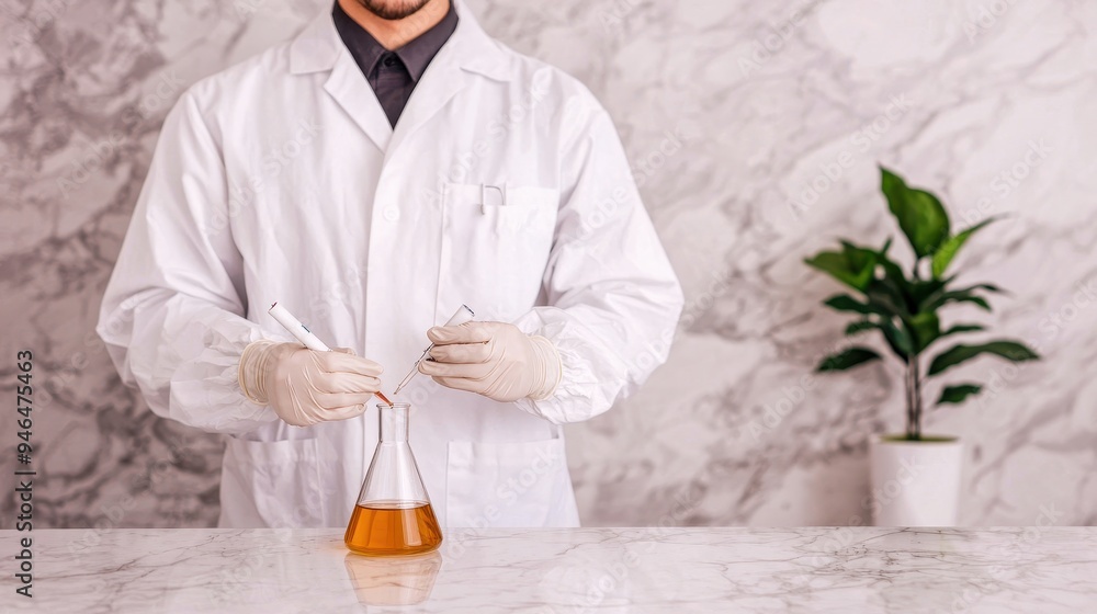 Poster a scientist in a lab coat conducting an experiment with a flask of orange liquid on a marble counter