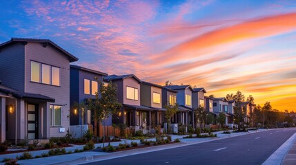 Fototapeta premium A row of energy-efficient homes in a new development, designed for net zero living.