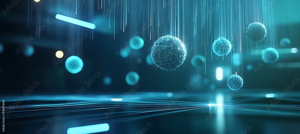 Poster a digital world with floating data spheres and interconnected pathways