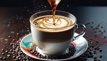A stream of coffee pouring into a cup, creating swirling patterns and capturing the rich, aromatic essence in slow motion, Generative AI.
