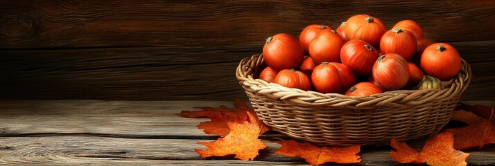 The rustic basket overflows with bright orange pumpkins arranged on a wooden surface with nearby...