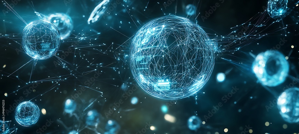 Poster a digital world with floating data spheres and interconnected pathways