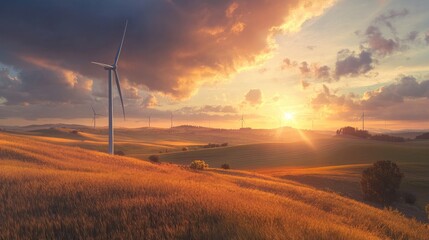 Obraz premium A wind farm on a rural landscape, generating clean energy for a net zero future.