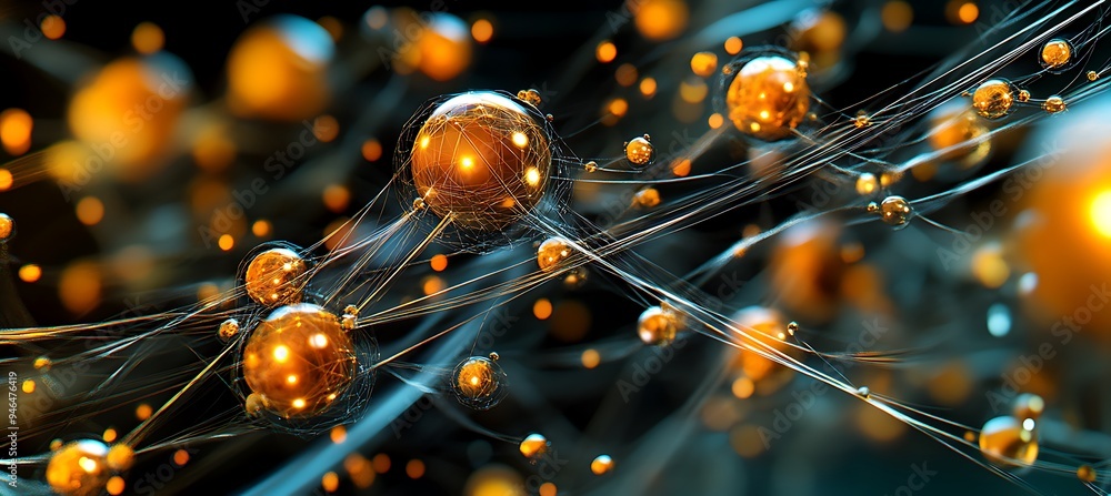 Poster a digital world with floating data spheres and interconnected pathways