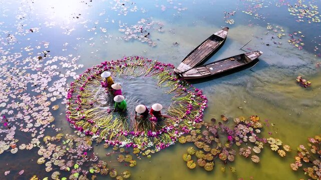 Aerial view of rural women in Moc Hoa district, Long An province, Mekong Delta are harvesting water lilies. Water lily is a traditional dish here