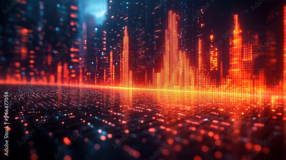 Poster holographic graphs illustrate complex relationships within a dynamic digital landscape, featuring vi