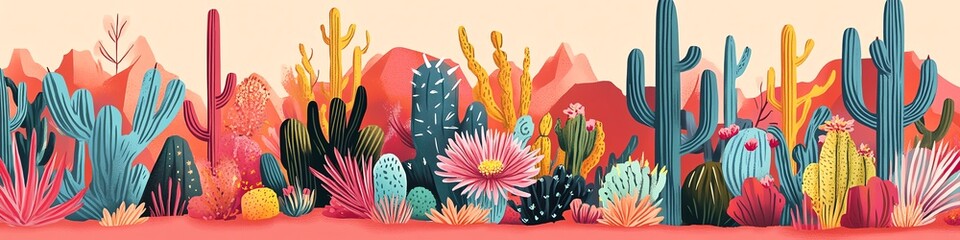 Obraz premium Vibrant desert landscape featuring colorful cacti and unique plants in a stunning, artistic style.