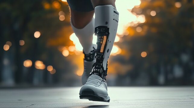 A man with an amputated leg using a robotic bionic prosthetic limb.

