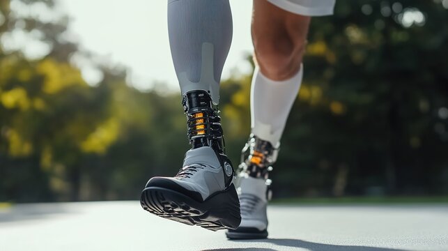 A man with an amputated leg using a robotic bionic prosthetic limb.
