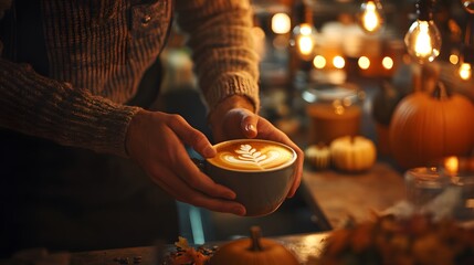 A barista preparing a pumpkin spice latte in a cafÃ© with soft warm lighting and cozy fall decorations creating a comforting vibe